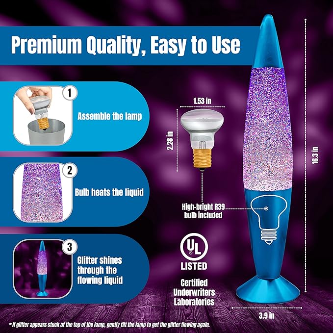 JAMBO 16" Beautiful Blue and Silver Glitter Lamp- Relaxing Mood Lighting, Night Light Nightlight, Home Decor Living Room Office Bedroom Lamp for Adults Teens Kids Glitter
