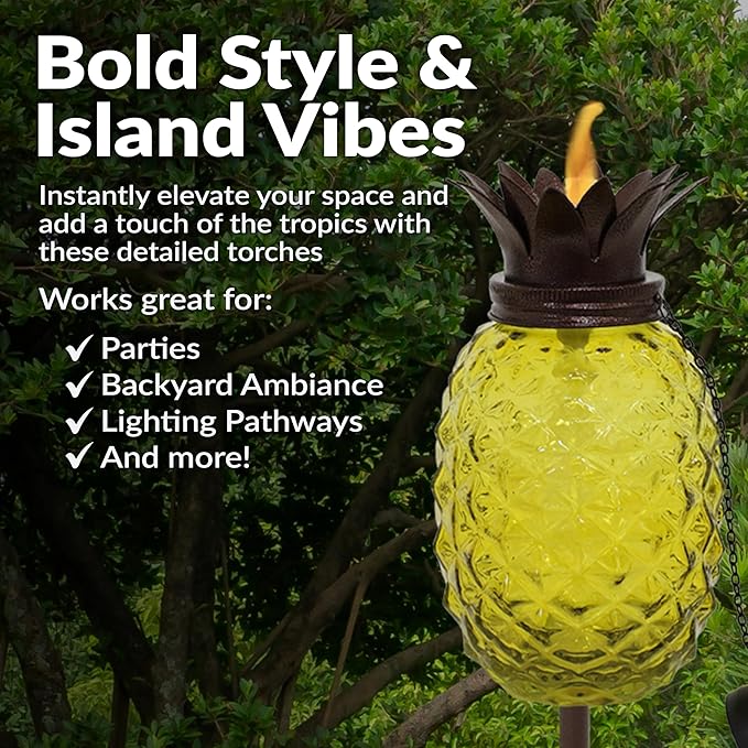 Sunnydaze Tropical Pineapple Glass Patio Torches Set of 2 - 23 to 63-Inch Outdoor Lawn Torch, Garden, Deck & Backyard - Yellow