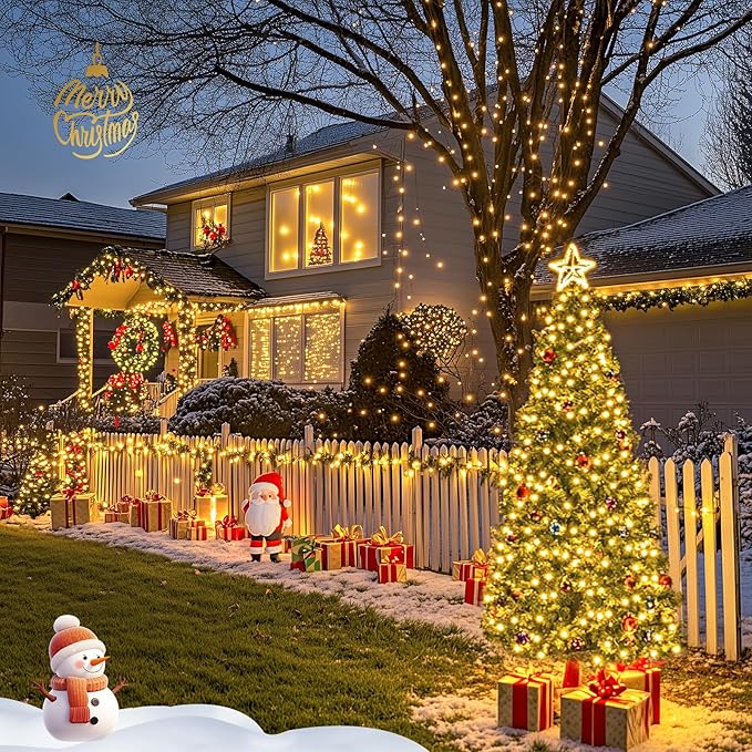 JMEXSUSS 2 Pack Solar String Lights Outdoor Waterproof, Total 400 LED 151FT Solar Powered Outdoor String Lights, 8 Modes Solar Christmas Light for Outside Patio Yard Tree Decorations, Warm White