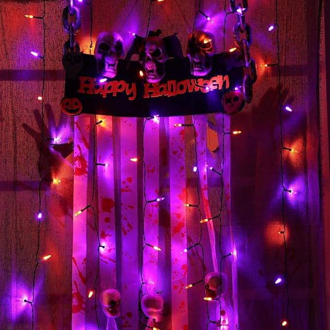 Lomotech Battery Operated Halloween Lights - 2 Pack Total 33ft 100 LED Orange Purple Battery Lights 8 Modes Waterproof with Timer for Home, Garden, Party, Holiday, Tree Decoration (Black Wire)