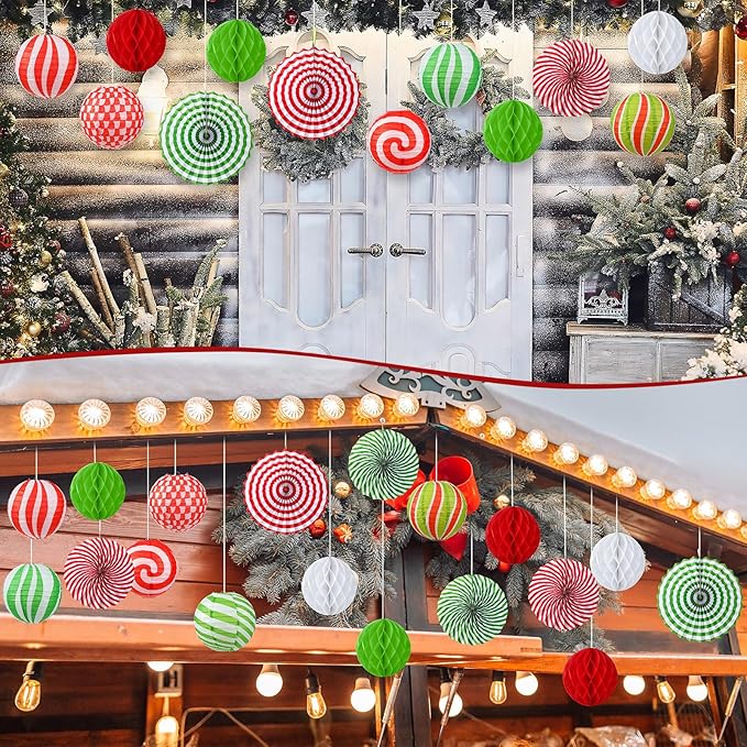 Retisee 18 Pcs Christmas Hanging Paper Lanterns Party Decorations Candy Canes Peppermint Paper Fans Xmas Hanging Honeycomb Ball Lanterns Ornaments for Christmas Winter Party Holiday Ceilings Decor
