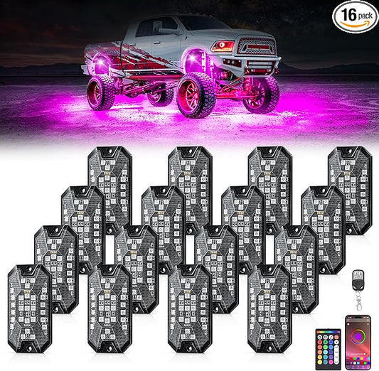 RGB Rock Lights, 16 pods Underglow Neon Lights Kits Remote Control & Music Mode Waterproof Wireless Multicolor Lamps for Off Road Truck SUV ATV UTV Boat