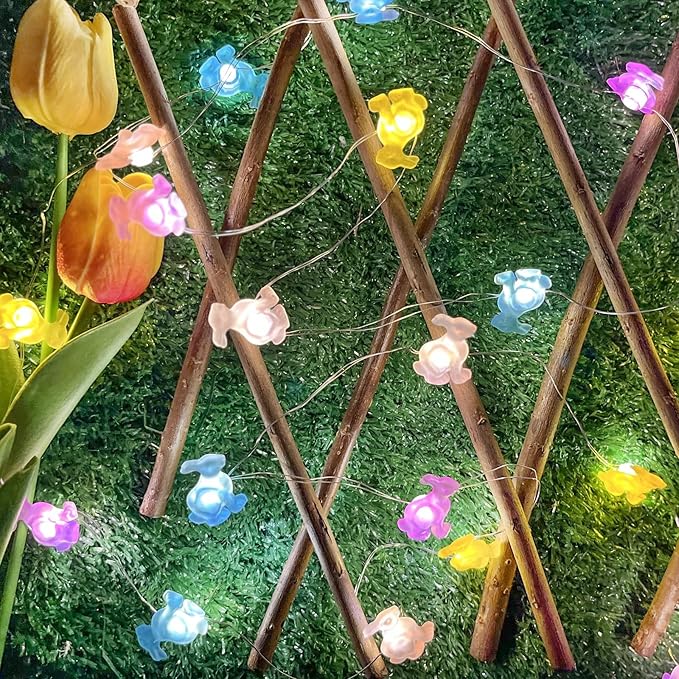 EXF Easter Decorations Bunny Pastel Fairy Lights, Battery Operated with Remote & 8 Modes & Timer, Waterproof Easter String Lights for Indoor Spring Themed Party Decor (Multi Color)
