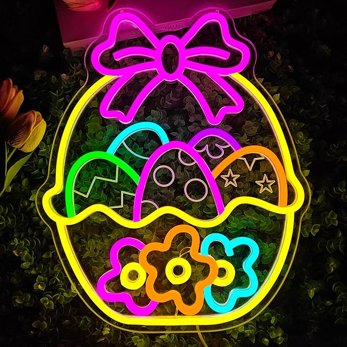 Easter Neon Sign for Wall Decor Flower Easter Basket Neon Light Egg Led Sign Easter Decorations Dimmable Bow Basket Light Up Signs for Window Party Gifts Bedroom Holiday Spring Bar Home Business