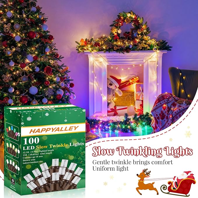 Slow Twinkling Christmas Light, 100 LED 35Ft Pulsing Twinkle Lights for Christmas Tree, 5mm Wide Angle Soft Random Shimmering Set with Brown Wire Cord, Waterproof String Lights(Multicolor)