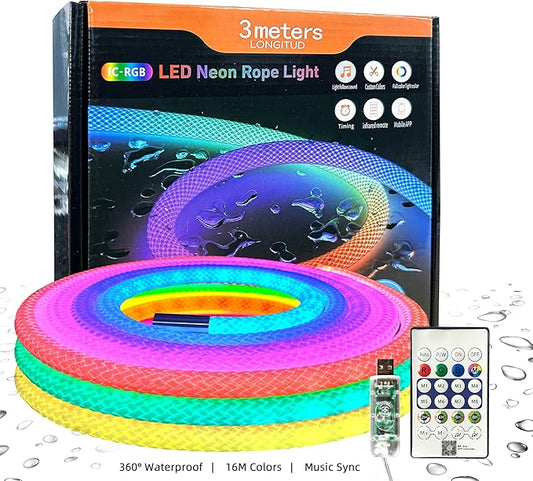 9.84ft Neon LED Rope Lights, 360 Led Light Strip Waterproof Strip with Music Sync,Remote & APP Control,USB-Powered Flexible Lighting for Indoor/Outdoor Gaming Room,Bedroom, and Wall Decor