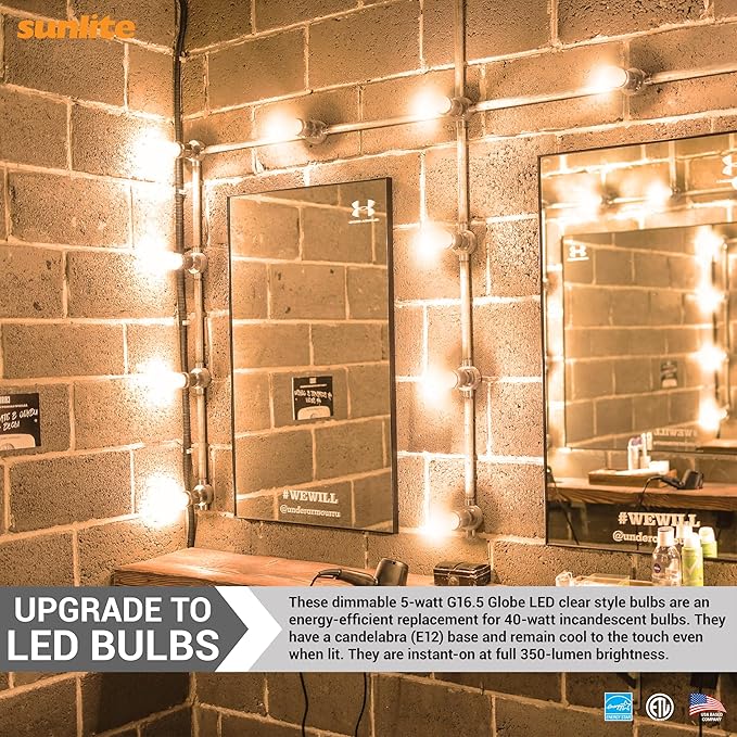 Sunlite G16.5 Light Bulb LED, 5 Watts (40W Equiv.), 350 Lumens, Dimmable, Type G Globe Shape E12 Candelabra Base, Short Bulbs, Vanity Mirror Bulbs, 2700K Soft White, Clear, 6 Count