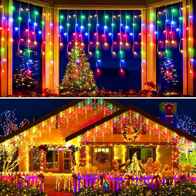 480 LED 49FT Christmas Lights Plug in 8 Modes with Timer Dimmable Ice Lights Outdoor Waterproof Indoor Ice String Lights for Roof Porch Garden Holiday Wedding Xmas Decor (Multicolor)