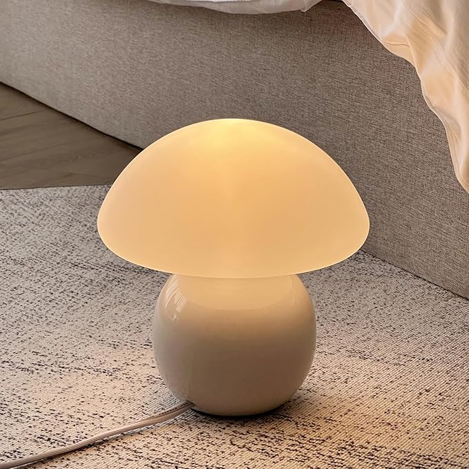Mushroom Lamp Ceramic Base,Bedside Lamps White Cute 70s Mid Century Modern Decor Lamp for Bedroom,Small Abstract Table Bedside Glass Mood Coze Fun Warm Light