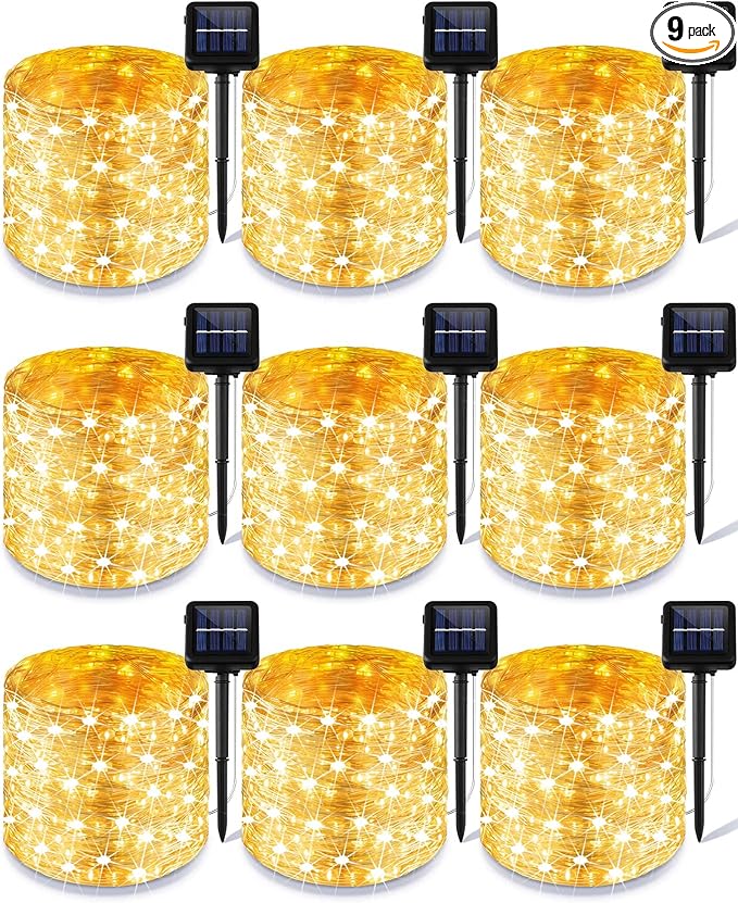 Treela 9 Pack Solar String Lights for Outside, 39 ft 100 LED Outdoor Fairy Lights Waterproof Copper Wire 8 Modes Solar Twinkle Lights for Patio Garden Tree Yard Party Decor(Warm White)