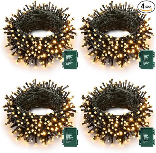 Battery Operated Christmas Lights - 4 Pack Total 66ft 200 LED Battery String Lights 8 Modes Waterproof with Timer for Home, Garden, Party, Holiday, Christmas Tree Decoration (Green Wire, Warm White)