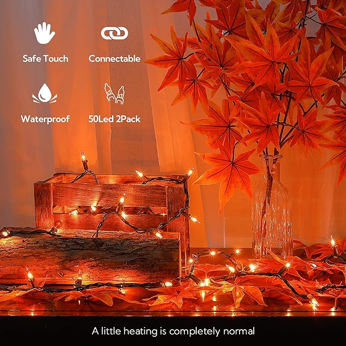Hopolon Orange Thanksgiving Mini Lights, 2Pack 13Feet 50Count Autumn Fall String Lights,Connectable 120V Plug in for Outdoor Indoor Garden Party Halloween Christmas Xmas Tree Lights Yellow Decor
