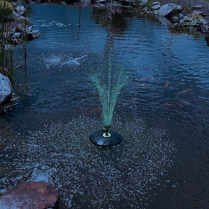 HALF OFF PONDS Small Floating Fountain – 750 GPH Pump for Ponds & Water Gardens – Adjustable 40" Spray – Color-Changing RGB LED Ring, Float, 3 Nozzles & 30' Cord