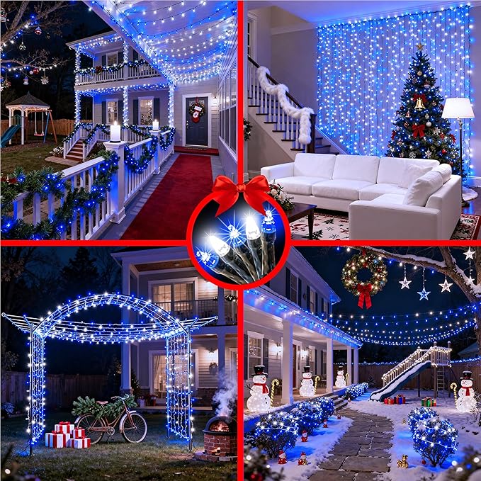 340 LED 90FT Christmas String Lights Outdoor, 12 Pro Modes and Timer Memory & Brightness, Plug in Outdoor Waterproof Clear Wire Twinkle Light for for Xmas Yard Tree Wedding Party Decor (Blue & White)