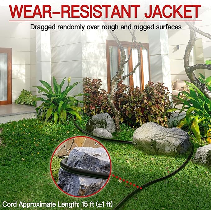 16/3 13A 125V 1625W 15 FT Outdoor Extension Cord Waterproof, Weatherproof & Flame Retardant Black 3 Prong Power Cord Outside for Lawn & Garden,125 VAC 16AWG SJTW, ETL Listed
