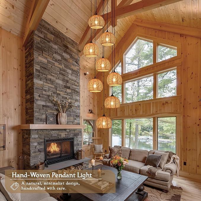 8-Light Woven Foyer Chandeliers for High Ceiling H100",8 Dome Boho Rattan Pendant Lights Farmhouse Ceiling Light,rustic Hemp rope Light Fixture For Living Room Hallway Staircase Entryway (Bulb Incl.