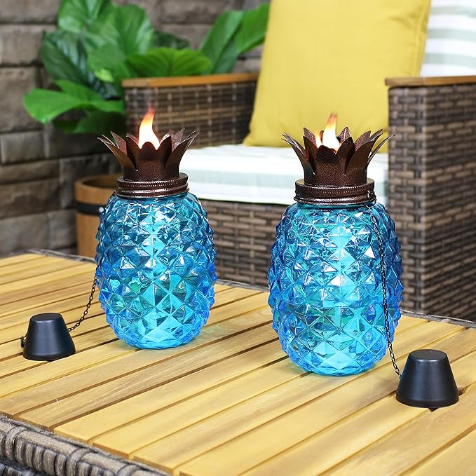 Sunnydaze Tropical Pineapple Glass Patio Torches Set of 2 - 23 to 63-Inch Outdoor Lawn Torch, Garden, Deck & Backyard - Blue