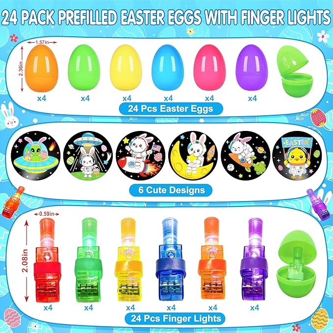 24 Pack Easter Eggs Fillers, Animal Astronaut Easter Finger Light for Kids, Glow in the Dark Easter Eggs Bulk Hunt Toy Prizes, Basket Stuffers Party Favor for Kids Boys Girls