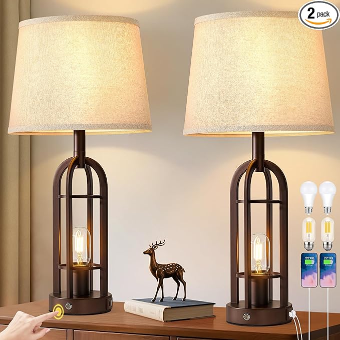 24" Table Lamps for Living Room Set of 2, Rustic Farmhouse 3-Way Dimmable Touch Industrial Bedside Lamps with USB A+C for Bedroom Nightstand，4 Bulbs Included