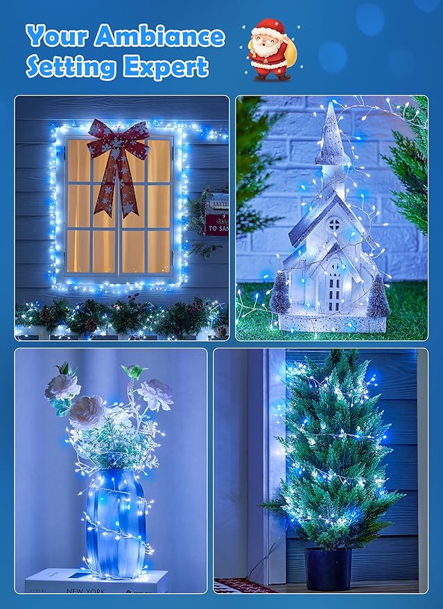 Indoor/Outdoor Waterproof Fairy Lights,200LED Copper Wire String Lights with Twinkle Mode, IP65 Rated for Garden, Patio, Party Decor (Blue White, Plug in)