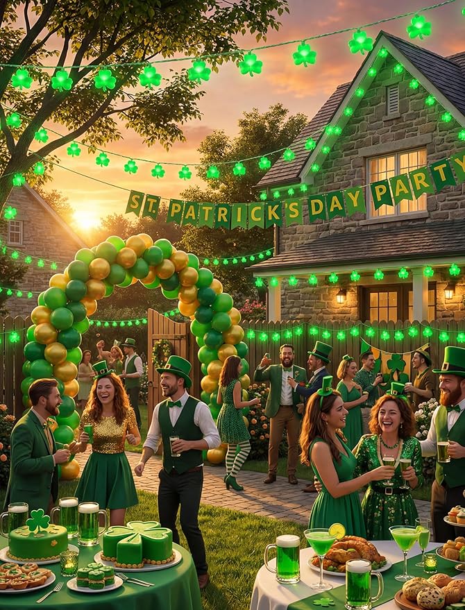8.5Ft St patricks Day Lights Outdoor, Shamrock String Light Plug in with 10 LED Lucky Clover Lights, Green Clover for Irish Bedroom Home Garden Party Green Feast St. Patrick's Day Decorations