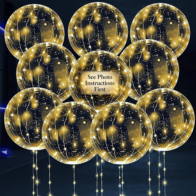 10 Pcs LED Balloons Light Up Balloons for Parties – Clear 18" Balloon with Gold String Lights & Individual Switch – Light Up Easter Decorations for Indoor & Outdoor Events, Batteries Not Included