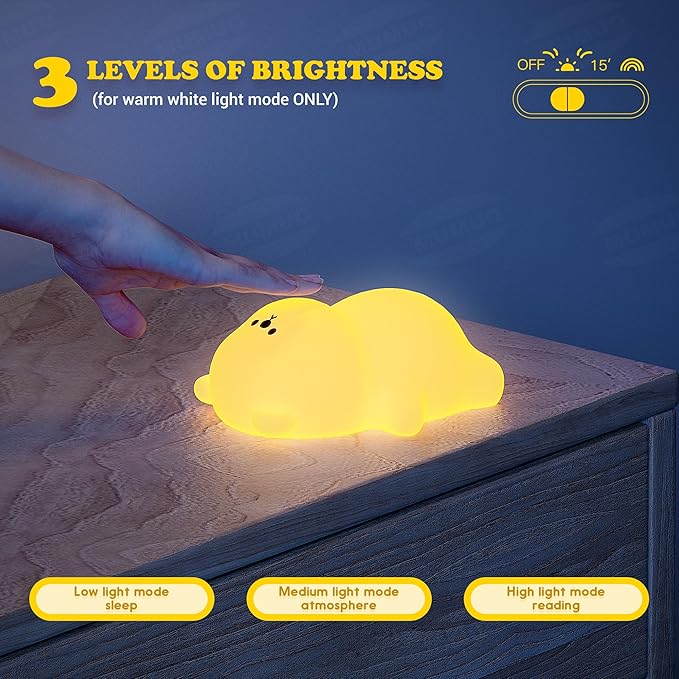 Bear Night Light for Kids, 8 Color Silicone Cute Duck Lamp, Lying Flat Duck, 3 Level Dimmable Kids Rechargeable Bedside Touch Baby Light