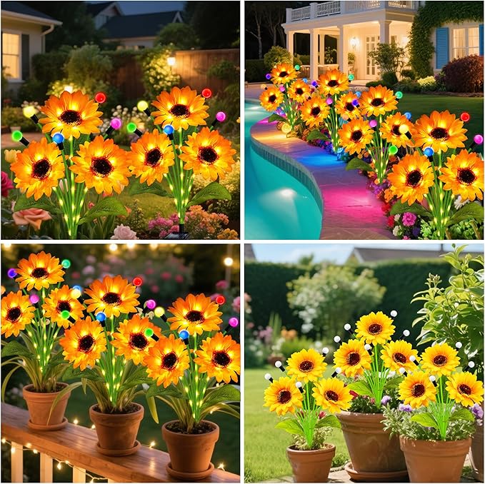Solar Garden Lights-4 Pack Solar Sunflowers with Multicolor Changing Swaying Firefly Lights,Gifts for Mom Women Mothers Day Birthday,Waterproof Firefly Sunflower Light for Outdoor Patio Yard Decor