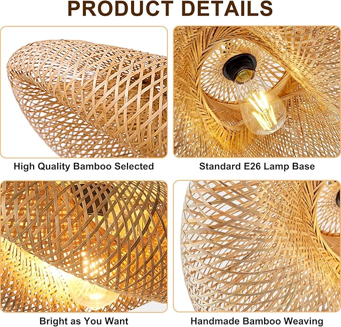 COSYLUX Farmhouse Rattan Pendant Light Fixture for Kitchen Island, Dining Room, 22'' Hand-Woven Bamboo Hanging Lamp, Rattan Chandelier Bird Nest Shape Pendant Light for Bar Cafe Living Room
