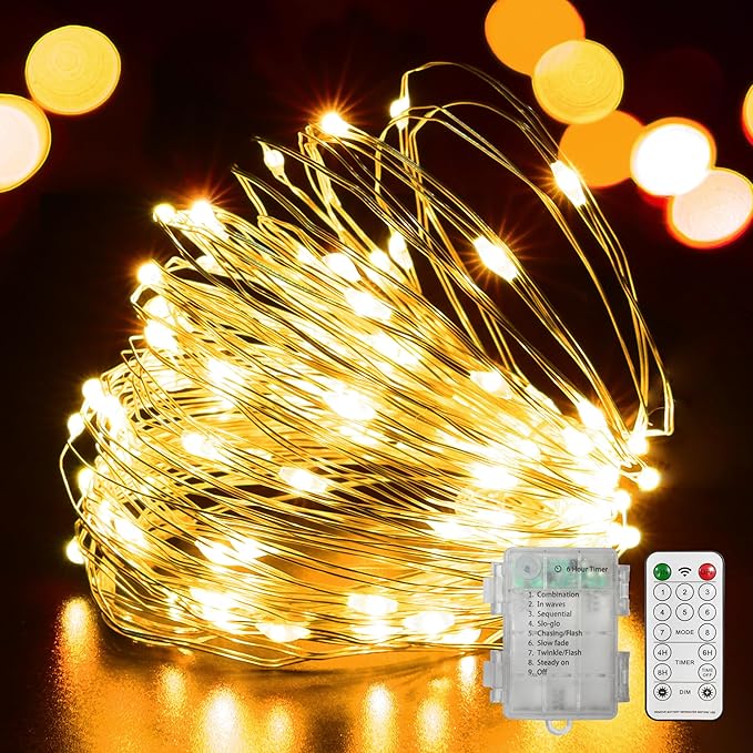 LAMPHOME 100 LED 33FT Fairy Lights Battery Operated with Remote, Mini Starry String Lights,Multi Functions & Timer, Twinkle Light for Christmas Home Bedroom Wedding DIY Centerpiece Decor,Warm White