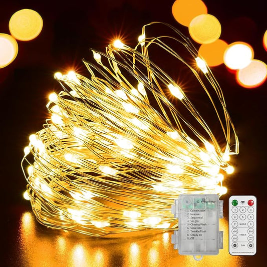 LAMPHOME 100 LED 33FT Fairy Lights Battery Operated with Remote, Mini Starry String Lights,Multi Functions & Timer, Twinkle Light for Christmas Home Bedroom Wedding DIY Centerpiece Decor,Warm White
