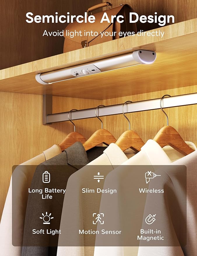 Joyzy Automatic Closet Lighting Motion Sensor RechargeableBattery Operated Closet Light with Eye-Protection DesignUnder Cabinet Light LED for Wireless Pantry Light wardrobeLights(30cm-2pack)