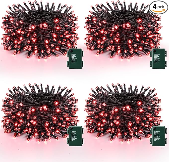 Lomotech Valentine's Day Decorations Lights - 4 Pack Total 66ft 200LEDs Battery String Lights 8 Modes Waterproof with Timer for Home, Garden, Party, Holiday, Tree Decoration (Green Wire, Red)