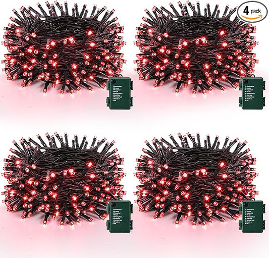 Lomotech Valentine's Day Decorations Lights - 4 Pack Total 66ft 200LEDs Battery String Lights 8 Modes Waterproof with Timer for Home, Garden, Party, Holiday, Tree Decoration (Green Wire, Red)