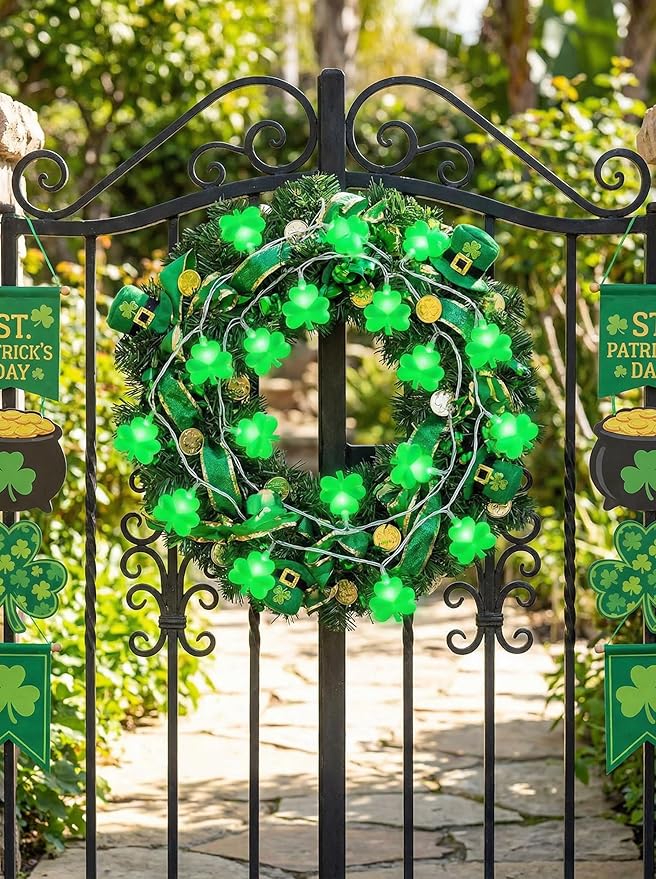 Shamrock String Lights, 8.5Ft St Patrick's Day Decorations String Lights with 10 Green Clover Lights, Connectable Shamrock Indoor Fairy Lights for St Patrick's Day Party Irish Holiday Garden Decor