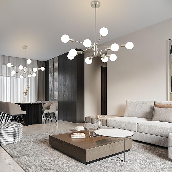 Sputnik Chandelier Modern Brushed Nickel Chandeliers Mid Century Ceiling Lighting Fixture for Living Room, Kitchen, Bedroom, Dining Room, and Farmhouse (10-Light)