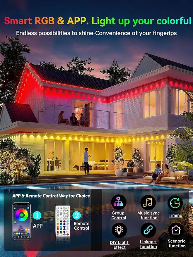 Permanent Outdoor Lights, 500FT RGB IP67 Waterproof Eaves Lighting, Smart LED Outside House Lights with App/Remote Control for Halloween, Christmas Decor, Holiday, Party, Daily, All Year-Round