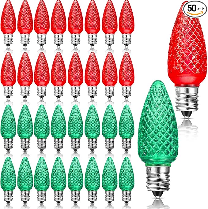 Mudder 50 Pieces C9 Christmas Light Replacement Bulb E17 LED Easter Light Replacement Bulb Outlet Faceted Christmas Bulb LED for Holiday Decoration(Red, Green)