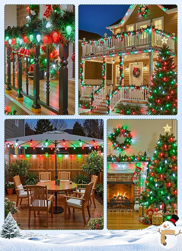 C9 LED Christmas Lights Outdoor, 99 Feet 150 LED C9 String Light with 150 Spring Clips, Waterproof Connectable Christmas Tree Lights for Outside Roofline Patio Home Xmas Decor, Red Green Pure White