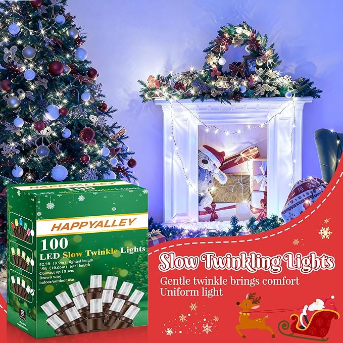 Slow Twinkling Christmas Light, 100 LED 35Ft Pulsing Twinkle Lights for Christmas Tree, 5mm Wide Angle Soft Random Shimmering Set with Brown Wire Cord, Waterproof String Lights(Cool White)