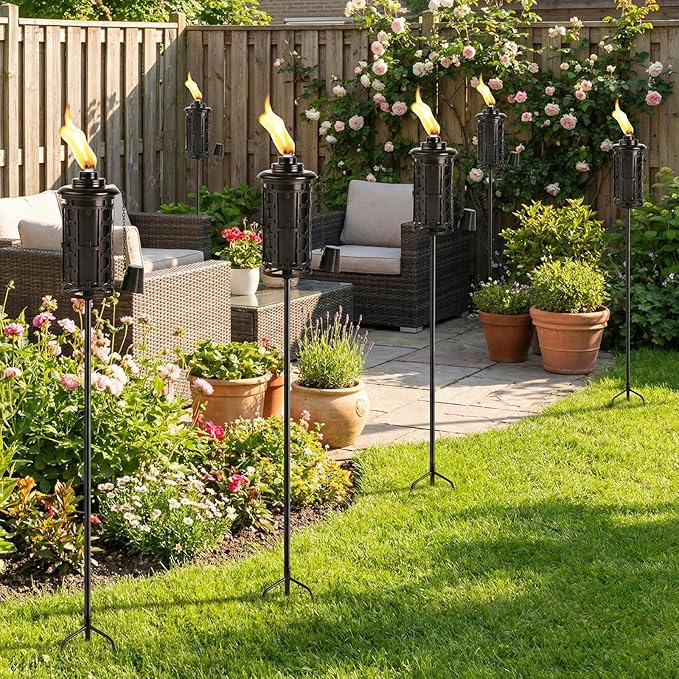 6-Pack Upgraded Home Garden Torch, Black Outdoor Metal Torch Garden Décor, 59-Inch Citronella Torches with 3-Prong Grounded Stake, Light Torches for Party Patio Pathway (More Stable)