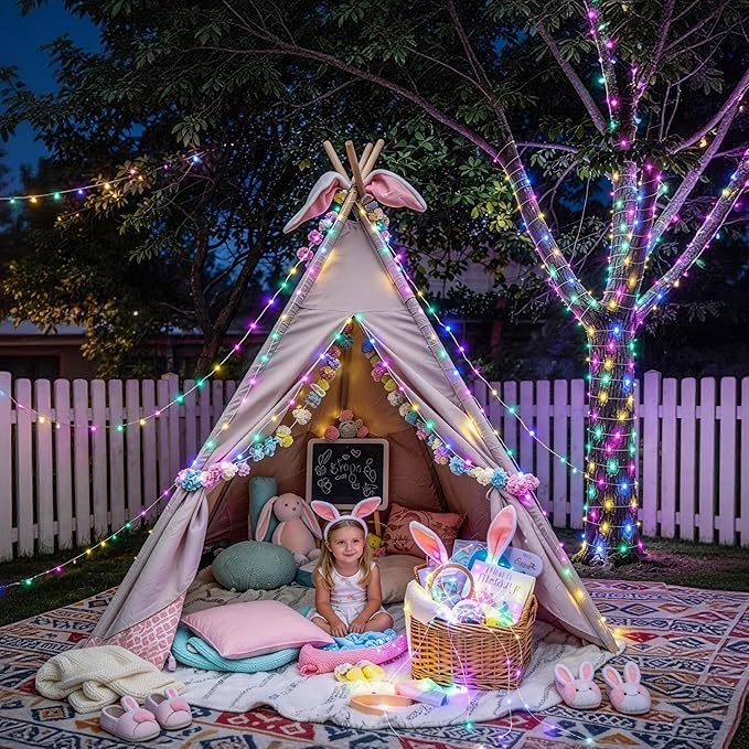 JMEXSUSS 2 Pack Solar String Lights Outdoor Waterproof, Each 100 LED 33FT Solar Fairy Lights Outdoor, 8 Modes Pastel Light for Outside Tree Patio Yard Party Easter Day Decorations