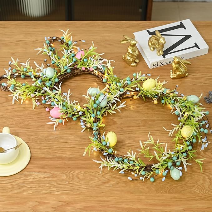 [Timer] Easter Bunny Wreath for Front Door, Lighted Easter Wreaths with 30 LED Warm Lights, Foldable Bunny Wreaths, Pre-Lit Easter Egg Wreath for Spring Decor