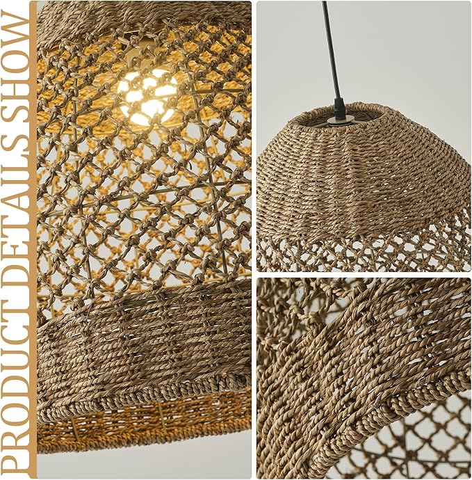Rattan Pendant Light 13.77" Rustic Hand-Woven Wicker Hanging Light 1-Light Water Plants Rattan Chandelier for Dining Living Bedroom Kitchen Farmhouse