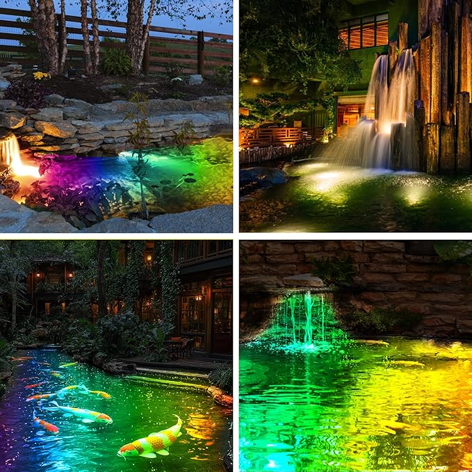 RGB Pond Light with APP, 6W Frog Fountain Lights with 12V Transformer, IP68 Waterproof Underwater Pond Lights with Long Cables for Ponds Waterfall Fountain Gardens Water Feature, 4 SpotLights