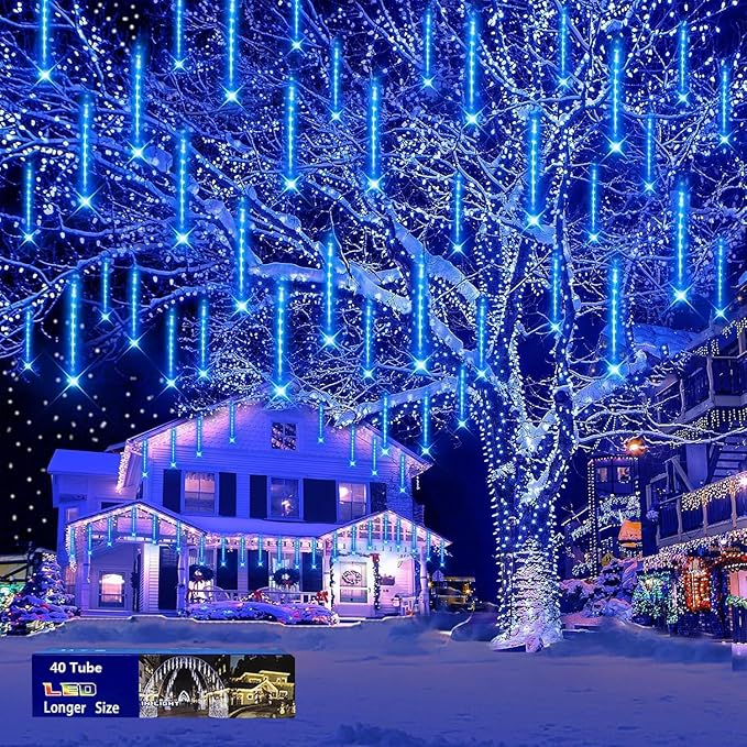 Blue Christmas Icicle Lights Outdoor: 40 Tube(Equivalent to 5 Sets of 8-Tubes) Meteor Shower Rain Lights - Waterproof Christmas Halloween Decorations for Yard Outside Tree Roof, UL Plug