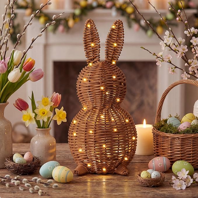 Thyle 1 Pcs Neutral Easter Rattan Bunny Decoration, 13.8 Inch Morden Woven Rabbit Tabletop Centerpiece with 3.28 FT String Light, Rabbit Ornament for Mantel Fireplace Easter Home Tiered Tray Decor
