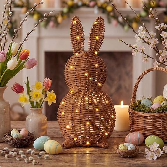 Thyle 1 Pcs Neutral Easter Rattan Bunny Decoration, 13.8 Inch Morden Woven Rabbit Tabletop Centerpiece with 3.28 FT String Light, Rabbit Ornament for Mantel Fireplace Easter Home Tiered Tray Decor