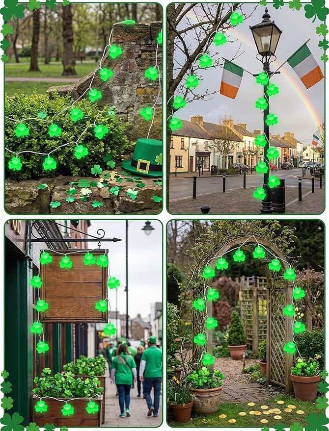 Shamrock String Lights, 8.5Ft St Patrick's Day Decorations with 10 LED Solid Green Clover Lights, Plug in Clover Fairy String Lights for Party Bar Garden Bedroom Party Irish Holiday Decor