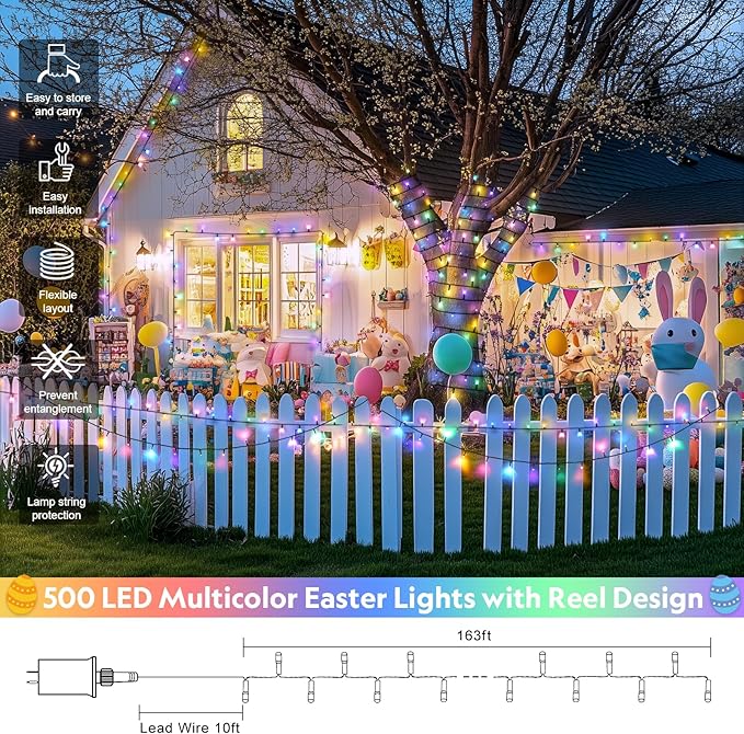 JMEXSUSS 500 LED Easter Lights Outdoor Indoor, 173ft Multicolor Easter String Lights, 8 Modes Pastel Light Plug in for Room Party Decorations